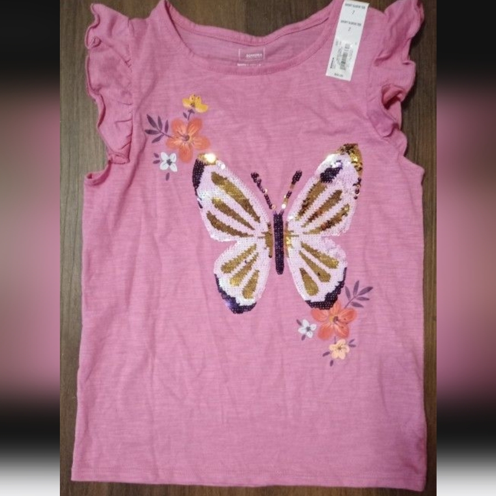 NWT Girls Sz 7 Sonoma Pink Sparkle & Shine Graphic Tee, Sleeveless with Ruffles